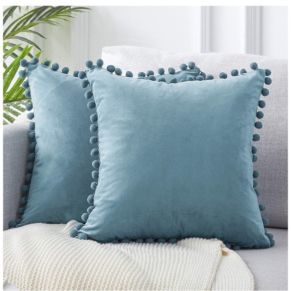 Khaki/Light Tan Modern Trendy Velvet Pompom Decorative Throw Pillow Case TwinSet - Picture 11 of 16